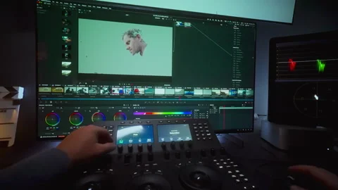 First-Person View Of Colorist Using Advanced Grading Console Stock Footage 313468768