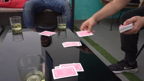 First person view dealing playing cards on the table playing with friends and 動画素材 155814703