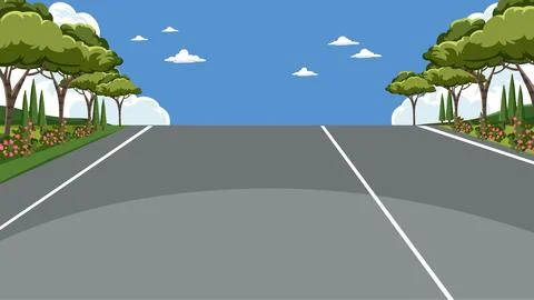 First Person View of Empty Asphalt Road Through Green Forest Stock Illustration