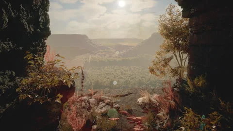 First person view of flying through a narrow stone crevice and off the steep Stock Footage 309837689