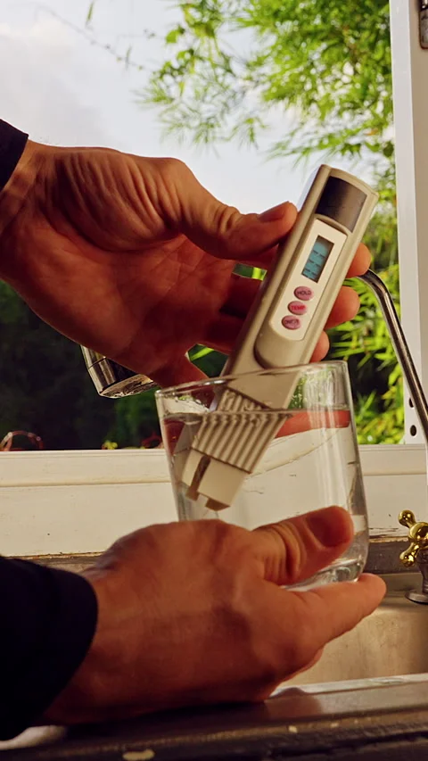 First Person View Of Hands Testing Drinking Water With Digital Quality Meter Sho Stock Footage 330637528