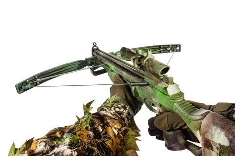 First person view hunter hands with crossbow. Stock Photos