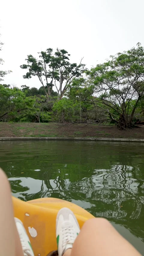 First person view of legs using paddle boat at lake city - Travel summer Video stock 333543419