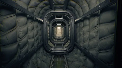First person view of a long corridor leading to the airlock. Technical tunnel Stock Footage 277229624