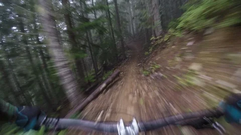 First Person View Of Man Mountain Biking Through A Foggy Forest 스톡 동영상 103191341