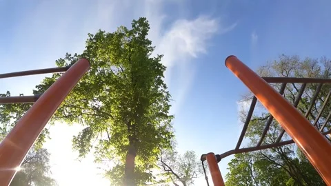 First-person view. A man pulls up on a horizontal bar and makes a lifting coup Stock Footage 241414381