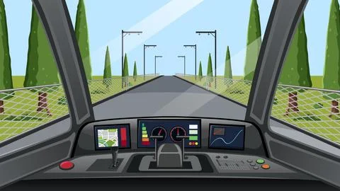 First Person View of Modern Train Cockpit Driving on Tracks Stock Illustration