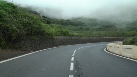 First-person view of motion along a mountain road at cloud level, slopes covered Stock Footage 141117280