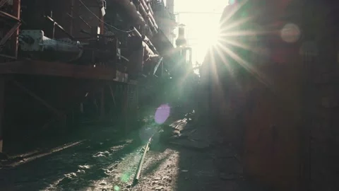 First-person view moving forward through old rusty abandoned industrial Stock Footage 144334571