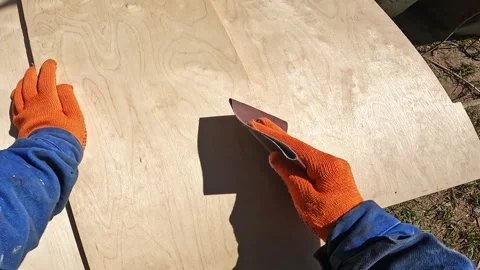 First person view of the process of sanding a wooden board Видео 335275099