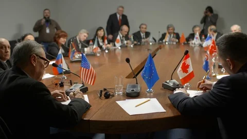 First-person view at round table. European Union delegation during high level Stock Footage 73683799