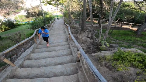 First person view running down a ladder from a hill Stock Footage 150669235