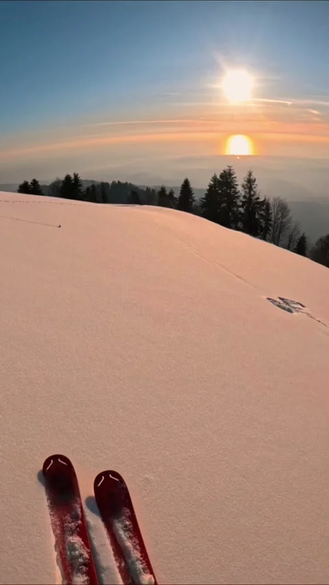 First person view. The skier glides over the fluffy untouched snow. Ahead Stock Footage 294944958