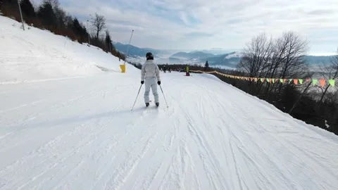 First-Person View Of Skiing Down A Scenic Ski Run. POV Stock Footage 219006699