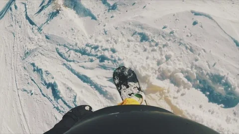 FIRST PERSON VIEW slowmotion snowboarder in Powder  Backcountry Powder Snow. Stock Footage 82201865