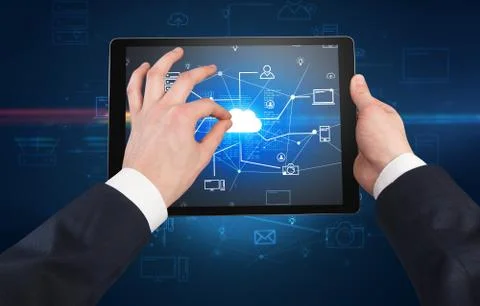 First person view of tablet with cloud office concept Stock Photos