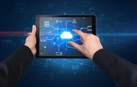 First person view of tablet with cloud office concept Stock Photos