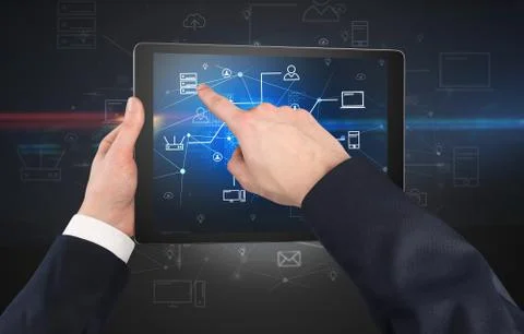 First person view of tablet with cloud office concept Stock Photos