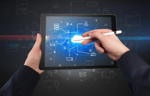 First person view of tablet with cloud office concept Stock Photos