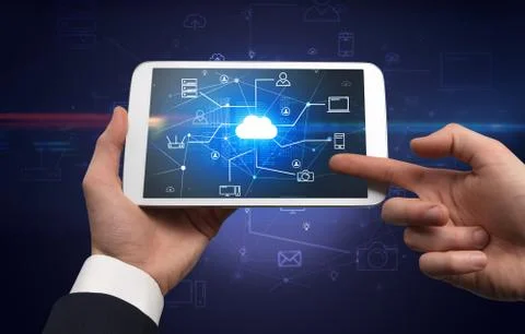 First person view of tablet with cloud office concept Stock Photos