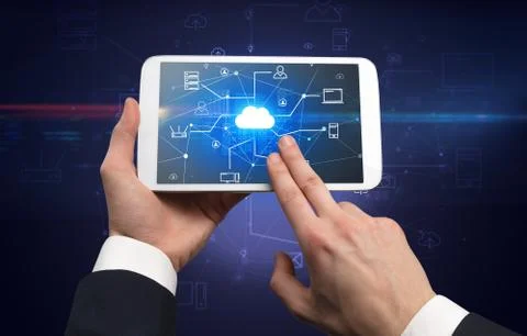First person view of tablet with cloud office concept Stock Photos