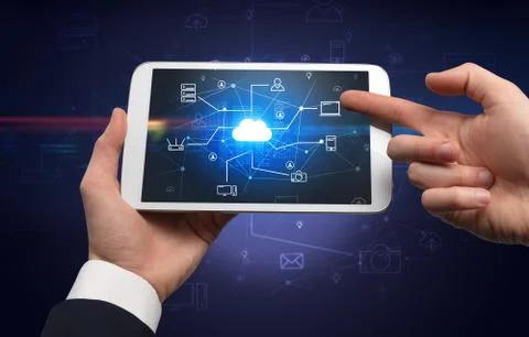 First person view of tablet with cloud office concept Stock Photos
