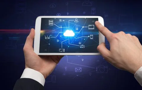 First person view of tablet with cloud office concept Stock Photos