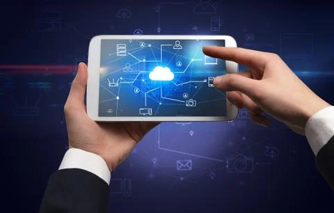 First person view of tablet with cloud office concept Stock Photos