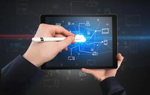 First person view of tablet with cloud office concept Stock Photos
