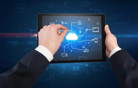 First person view of tablet with cloud office concept Stock Photos