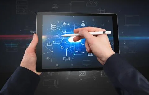 First person view of tablet with cloud office concept Stock Photos
