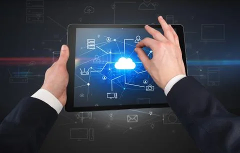 First person view of tablet with cloud office concept Stock Photos