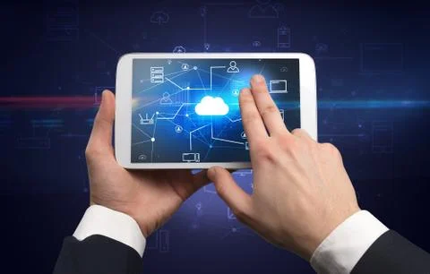 First person view of tablet with cloud office concept Stock Photos