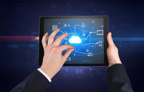 First person view of tablet with cloud office concept Stock Photos