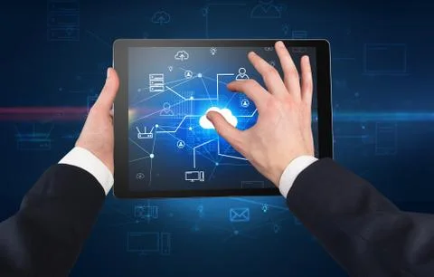 First person view of tablet with cloud office concept Stock Photos