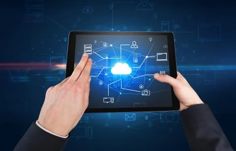 First person view of tablet with cloud office concept Stock Photos