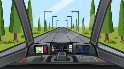 First Person View of Train Cockpit Driving on Railway Tracks Stock-Illustration