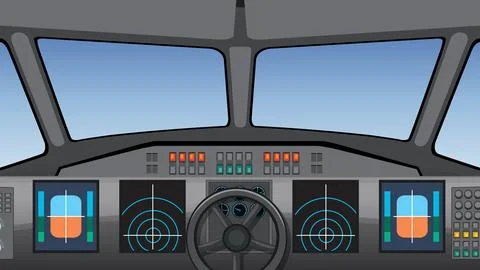 First Person View Vector Illustration of a Modern Aircraft Cockpit Stock Illustration
