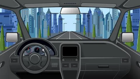 First Person View Vector Illustration of Car Interior Driving Through City Stock Illustration