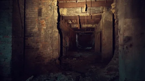 First-person view, walk with flashlight through dark creepy industrial tunnel or Stock Footage 121930528