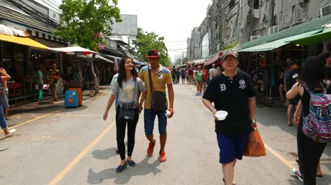 First person view walk through Chatuchak Weekend market alley Stock Footage 55274799