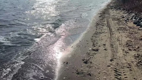 First-person-view walking along a sandy rocky lake beach Stock Footage 273176538
