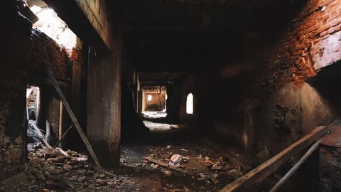 First-person view, walking through dark creepy industrial tunnel in abandoned Stock Footage 90223855