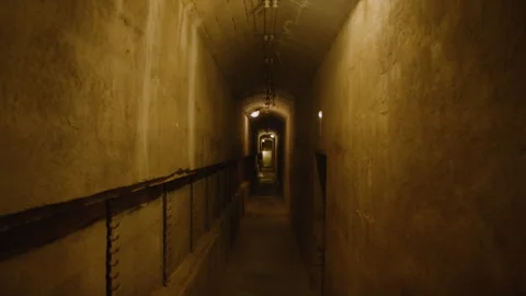 First person view of walking through dimly lit, narrow underground corridor Stockbeeldmateriaal 301029735
