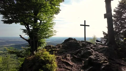 First person view walking toward the summit cross of Kleiner Büchlberg Stock Footage 336663148