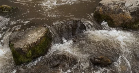 First-person view, water flows off cliff into thicket of forest, nature of Altai Stock Footage 118296394