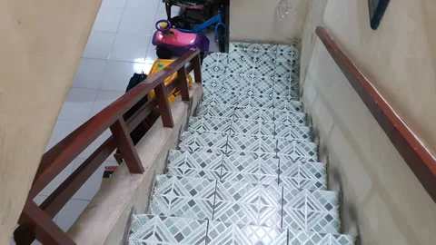 First person view when walk down the stairs showing only the stairs. going .. Stock Footage 279256599
