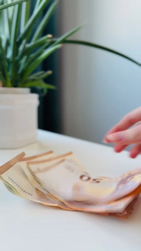 First person view of a woman's hands counting out euro banknotes Stock Footage 328346347