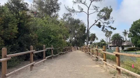 First person walking along nature trail between wooden fences Stock Footage 336807777