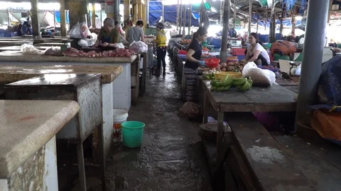 The first perspective of a person who goes to the meat market and the market  Stock Footage 106383853